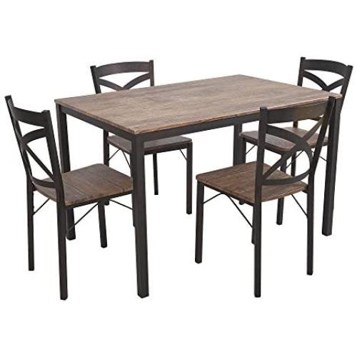 Dporticus 5-Piece Dining Set Industrial Style Wooden Kitchen Table and Chairs with Metal Legs- Espresso