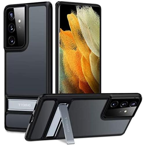 TORRAS MarsClimber Designed for Samsung Galaxy S21 Ultra Case 6.8 Inch, [3 Stand Ways] [Military Grade Drop Tested] Translucent Matte Back & Soft Edge Phone case with Metal Kickstand, Mystic Black