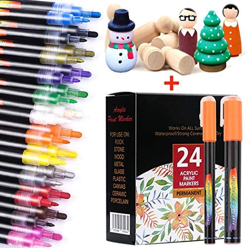 NYTiger Acrylic Paint Pen, DIY Craft Waterproof Painting Pens with Reversible Tips for Rock Painting, Fabric, Ceramic, Glass, Wood, Metal(24 Pack)