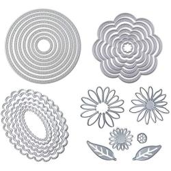 4 Sets / 27 PCS Metal Cutting Dies Stencil for Card Making Scrapbooking DIY Album Paper, TuNan Carbon Steel Template Molds, Embossing Tool for Envelope Gift Box - Flowers, Leaves, Circle, Oval