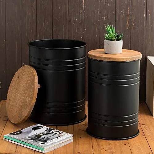 Glitzhome Rustic Storage Ottoman Seat Stool, Farmhouse End Table, Galvanized Metal Accent Side Table Toy Box Bin with Round Wood Lid for Living Room Furniture, Nesting Pieces Two, Black Glitzhome Rustic Storage Ottoman Seat Stool, Farmhouse End Table, Galvanized Metal Accent Side Table Toy Box Bin with Round Wood Lid for Living Room Furniture, Nesting Pieces Two, Black