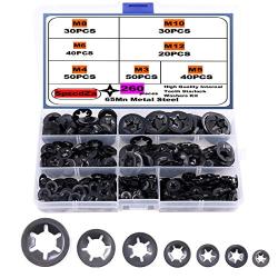 SpzcdZa 260pcs 7 size Internal Tooth Starlock Washers Locking Washer Assortment Kit, Push On Speed Clips Fasteners Assortment Kit,Quick Speed Locking Washers,Black Oxide Finish65Mn Black Oxide Finish