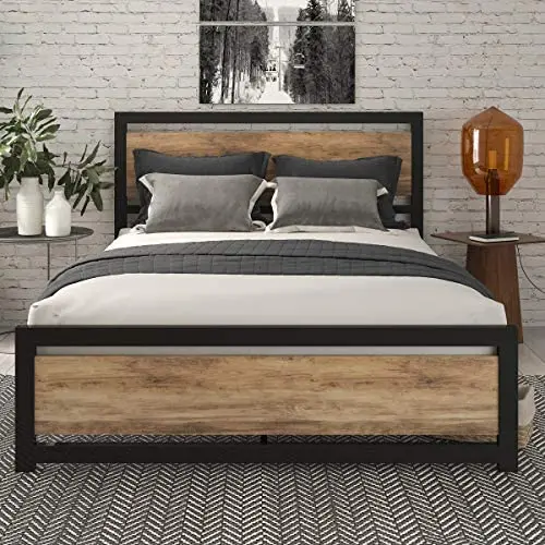 SHA CERLIN Queen Bed Frame with Modern Wooden Headboard/Heavy Duty Platform Metal Bed Frame with Square Frame Footboard & 12 Strong Steel Slat Support/No Box Spring Needed SHA CERLIN Queen Bed Frame with Modern Wooden Headboard/Heavy Duty Platform Metal Bed Frame with Square Frame Footboard & 12 Strong Steel Slat Support/No Box Spring Needed