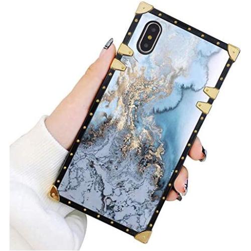 Square Case Compatible iPhone Xs iPhone X Case Gold Blue Marble Luxury Elegant Soft TPU Shockproof Protective Metal Decoration Corner Back Cover iPhone XS/X/10 Case 5.8 Inch