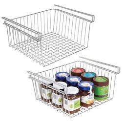 mDesign Household Metal Under Shelf Hanging Storage Organizer Bin Basket for Organizing Kitchen Pantry, Cabinets, Cupboards, Shelves - Vintage Modern Farmhouse Grid Style - Large, 2 Pack - Chrome