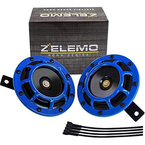 ZELEMO Eletric Car Horn Kit 12V Super Loud High Tone and Low Tone Metal Twin with Blue Protective Grill Works on Any 12 Volt Vehicle Horn Including Cars, Trucks, Vans, Motorcycles, Buses, Buses,Boats…