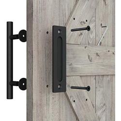 SMARTSTANDARD 12 Inch Sliding Barn Door Handle, Pull and Flush Hardware Set, Black Powder Coated Finish, Large Rustic Two-Side Design