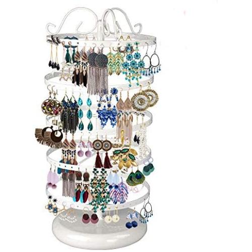 5 Tiers Metal Rotating Earring Holder Organizer, TANOKY Exquisite Jewelry Display Stand Necklace Rack Holder, 220 Holes for Earrings- 14x6.3 Inch (White)