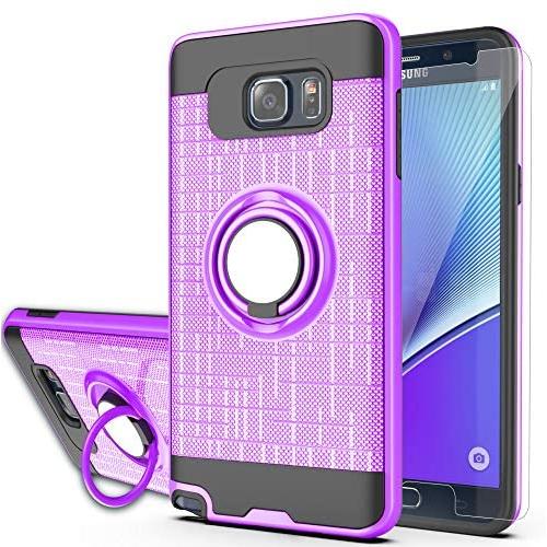 Note 5 case Galaxy Note 5 Case with HD Screen Protector,Ymhxcy 360 Degree Rotating Ring & Bracket Rubber Dual Layer Shock Bumper Resistant Back Cover for Samsung Galaxy Note 5-ZH Purple