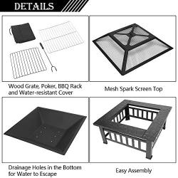 Bonnlo 32'' Outdoor Fire Pit with Barbecue/Cooking Grill and Rain Cover Square Metal Wood Burning Pit Backyard Patio Terrace