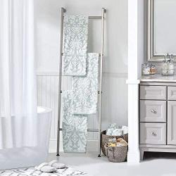 mDesign Metal Free Standing Leaning Decorative Bath Towel Bar Storage Ladder - Holds Towels, Blankets, Throw Blankets, Quilts - 4 Levels - Satin