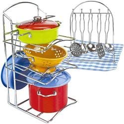 Liberty Imports Kids Play Kitchen Toys Pretend Cooking Multicolored Stainless Steel Pots and Pans Metal Dish Rack Kitchen Set with Utensils (14 Pieces)