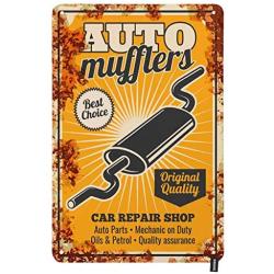 HOSNYE Auto Muffler Tin Sign Car Repair Shop Auto Parts Mechanic on Duty Oils Petrol Vintage Metal Tin Signs for Men Women Wall Art Decor for Home Bars Clubs Cafes 8x12 Inch