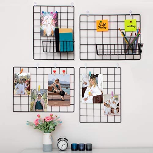 4 Pack Wall Grid Wire Panel | Photos & Pictures Display Gridwall | Metal, Black & Magnetic Panels | Mesh Storage Organizer Rack | Hanging Home, Office & Kitchen Decor