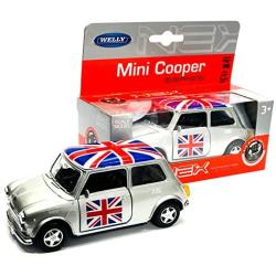 Mini Cooper Model (Silver) with Union Jack Top Made of Die Cast Metal and Plastic Parts, Pull Back & Go Action Model