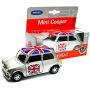 Mini Cooper Model (Silver) with Union Jack Top Made of Die Cast Metal and Plastic Parts, Pull Back & Go Action Model Mini Cooper Model (Silver) with Union Jack Top Made of Die Cast Metal and Plastic Parts, Pull Back & Go Action Model