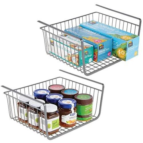 mDesign Household Metal Under Shelf Hanging Storage Bin Basket with Open Front for Organizing Kitchen Cabinets, Cupboards, Pantries, Shelves - Large, 2 Pack - Graphite Gray