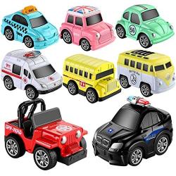 Geyiie Toys Pull Back Vehicles, Car Toy Play Set, 8 Packs, Friction Powered Die-cast Cars Trucks Playset for Boys Girls Toddler Kids Indoor Outdoor Gifts Party Favors