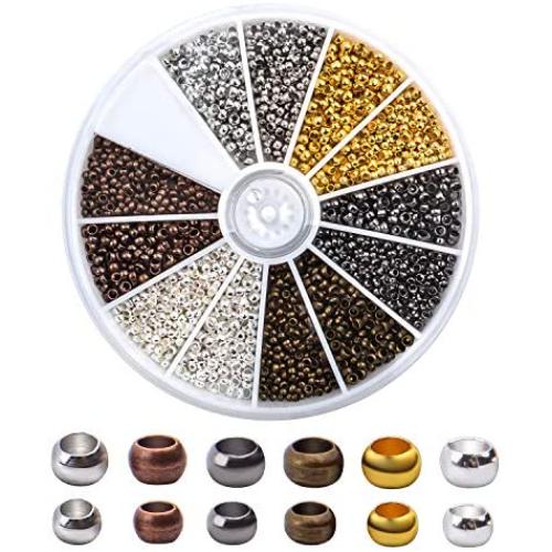 Aylifu 2250 Pieces Tube Crimp Beads Jewelry Making Ends Round Loose Spacer Beads Metal Beads for Jewellery Making, 2 Sizes, 6 Colors