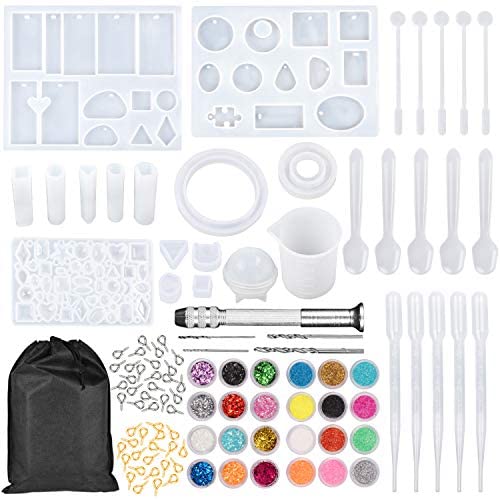 NANAPLUMS 159Pcs DIY Jewelry Resin Casting Molds and Tools Full Kit, Silicone Molds for DIY Jewelry Pendant Craft Making Set Contains Resin Molds, Glitter Powder, Glitter Sequins and Tools