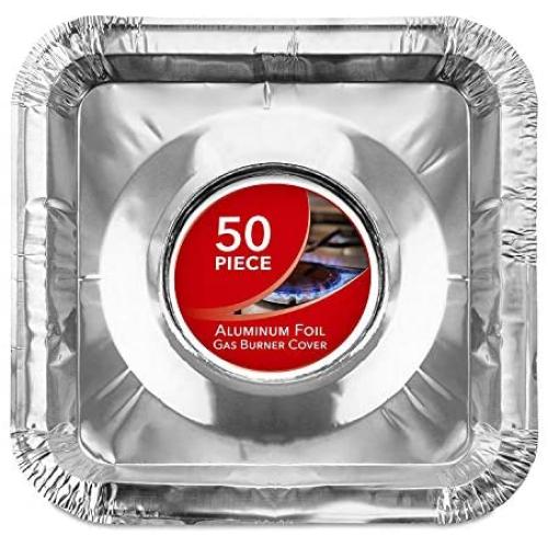 Gas Burner Liners (50 Pack) Disposable Aluminum Foil Square Stove Burner Covers - 8.5 Inch Gas Range Protector Bibs Keep Stove Clean - Foil Liners to Catch Oil, Grease and Food Spills