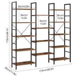 Homfa Triple Wide 5-Tier Bookcase, Large Etagere Bookshelf Industrial Open Storage Display Shelves Organizer, 68.5L x 11.8W x 68.1H Inches Solid Wood Book Shelf with Metal Frames for Home Office