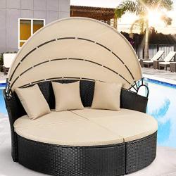 Homall Patio Furniture Outdoor Daybed with Retractable Canopy Wicker Furniture Sectional Seating with Washable Cushions for Patio Backyard Porch Pool Round Daybed Separated Seating (Beige)