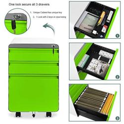 Dprodo 3 Drawers Mobile File Cabinet with Lock, Metal Filing Cabinet for Legal & Letter Size, Locking File Cabinet for Home & Office Full-Extension Drawers, Green