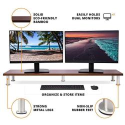 Large Dual Monitor Stand for Computer Screens - Solid Bamboo Riser Supports The Heaviest Monitors, Printers, Laptops or TVs - Perfect Shelf Organizer for Office Desk Accessories & TV Stands (Brown)