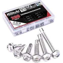 Hilitchi 410 Stainless Steel #10 Hex Washer Head Self Drilling Sheet Metal Tek Screws Assortment Kit Set with Drill Point, Self Driller, 200 Pieces