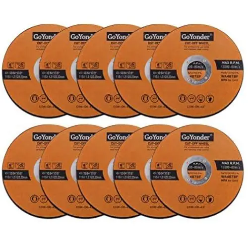 GoYonder 10 Pack 4.5'' Cutting Wheel for Metal, Stainless, Steel 4-1/2'' x 0.045 x 7/8-Inch Ultra Thin Cut-Off Wheel for Angle Grinders GoYonder 10 Pack 4.5'' Cutting Wheel for Metal, Stainless, Steel 4-1/2'' x 0.045 x 7/8-Inch Ultra Thin Cut-Off Wheel for Angle Grinders