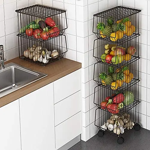 BENOSS Metal Wire Basket with Wheels and Cover, Stackable Rolling Fruit Basket Storage Organizer with Casters, Utility Rack for Kitchen, Pantry, Bathroom, Laundry Room, Garage (5 Layer Baskets) BENOSS Metal Wire Basket with Wheels and Cover, Stackable Rolling Fruit Basket Storage Organizer with Casters, Utility Rack for Kitchen, Pantry, Bathroom, Laundry Room, Garage (5 Layer Baskets)