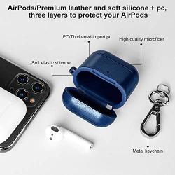 MOBEALO AirPods Leather Case 2 2019 Newes Protective Skin Cover Shockproof Accessories [Front LED Visible] with Stainless Steel Keychain Support Wireless Charging(Blue)