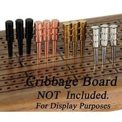 Premium Metal Cribbage Pegs, Set of 12, in Four, 1 5/16” Tall; Tapered to Fit 1/8 Holes, with Green Velveteen Drawstring Storage Pouch