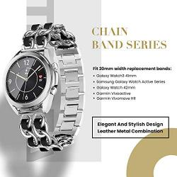 Tensea Metal Band Leather Loop Compatible with Galaxy Watch 3 41mm / Active 2 44 / 40mm and Samsung Galaxy Watch 42mm, Cute Bracelet Quick Release Band Replacement, Chain Wristband with Leather Strap ( Silver-Black )