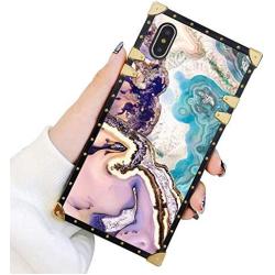 Square Case Compatible iPhone Xs iPhone X Case Agate Slice Marble Luxury Elegant Soft TPU Shockproof Protective Metal Decoration Corner Back Cover iPhone XS/X/10 Case 5.8 Inch