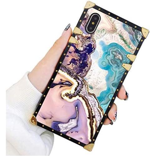 Square Case Compatible iPhone Xs iPhone X Case Agate Slice Marble Luxury Elegant Soft TPU Shockproof Protective Metal Decoration Corner Back Cover iPhone XS/X/10 Case 5.8 Inch