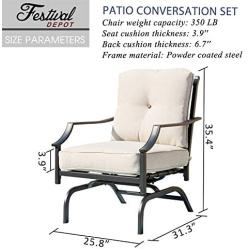 Festival Depot 2 of Outdoor Patio Bistro ArmChairs with Cushions Set Premium Fabric Metal Frame Furniture Set Garden Dining Seating Chair Thick & Soft Cushions (Beige)