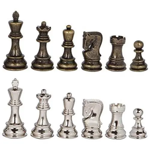 Lowell Silver and Bronze Metal Chess Pieces with 3.75 Inch King and Extra Queens, Pieces Only, No Board Lowell Silver and Bronze Metal Chess Pieces with 3.75 Inch King and Extra Queens, Pieces Only, No Board