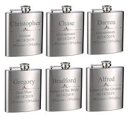Top Shelf Flasks Personalized Custom Engraved 6oz Stainless Steel Flasks for Weddings, True Metal Etching Lasts a Lifetime, 6PK
