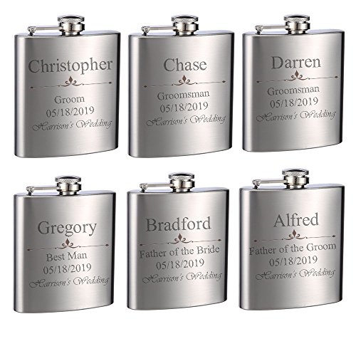 Top Shelf Flasks Personalized Custom Engraved 6oz Stainless Steel Flasks for Weddings, True Metal Etching Lasts a Lifetime, 6PK