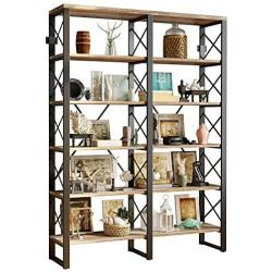 IRONCK Industrial Bookshelf Double Wide 6-Tier, Open Large Bookcase, Wood and Metal Bookshelves for Home Office, Easy Assembly