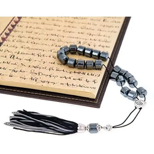 Hematite Gemstone (Long Beads), Handmade Greek Worry Beads or Komboloi with Alpaca Metal Parts on Pure Silk Cord & Tassel, Length 32cm (12.6) Hematite Gemstone (Long Beads), Handmade Greek Worry Beads or Komboloi with Alpaca Metal Parts on Pure Silk Cord & Tassel, Length 32cm (12.6)