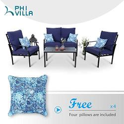 PHI VILLA 4 Piece Patio Sets, Outdoor Metal Furniture Patio Conversation Set Clearance with Padded Deep Seating Sofa, 1 Loveseat, 2 Armrest Sofa Chairs, 1 Coffee Table & 4 Free Pillow, Navy Blue