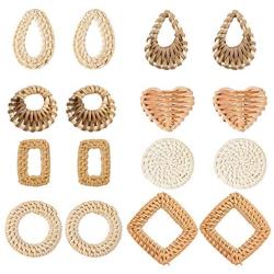 SUNNYCLUE 16pcs Handmade Rattan Woven Reed Cane Charms Connector Pendants Linking Rings Geometric Round Oval Bohemian Lightweight Circle for Straw Wicker Braid Earrings Jewelry Making NO Hole