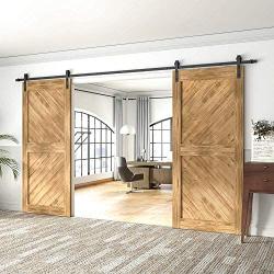 Winsoon 5-18FT Sliding Barn Wood Door Hardware Cabinet Closet Kit Antique Style for Double Doors Black Surface (18FT /216'' 2 Doors Track Kit)