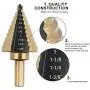 COMOWARE Step Drill Bit Set & Automatic Center Punch- Black and Gold, Double Cutting Blades, High Speed Steel, Short Length Drill Bits Set of 5 pcs, Total 50 Sizes with Aluminum Case COMOWARE Step Drill Bit Set & Automatic Center Punch- Black and Gold, Double Cutting Blades, High Speed Steel, Short Length Drill Bits Set of 5 pcs, Total 50 Sizes with Aluminum Case