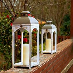 Glitzhome Mondern Farmhouse Wood Metal Lanterns Decorative Candle Lanterns Set of 2, White (No Glass)