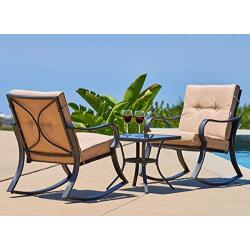 SOLAURA 3-Piece Outdoor Rocking Chairs Bistro Set, Black Steel Patio Furniture with Brown Thickened Cushion & Glass-Top Coffee Table