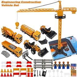 Construction Vehicle Truck Toy Set - 64PCS Kids Engineering Truck Playset with Play Mat, Crane, Cement, Fuel Truck, Wheel Loader with 3 Interchangeable Parts, Birthday for Boys Toddlers